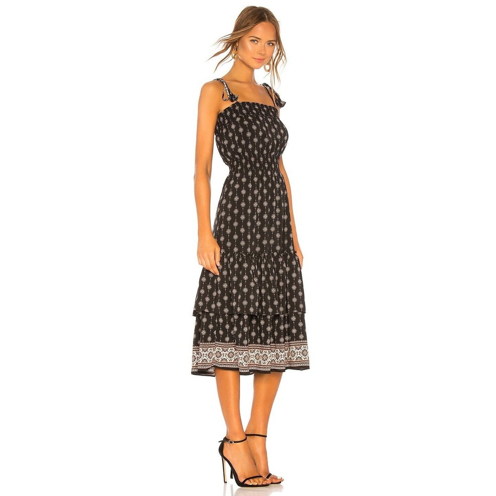 Misa Azalea Black Boho Floral Midi Dress W/ Self-Tie Straps Smocked Waist Sz M